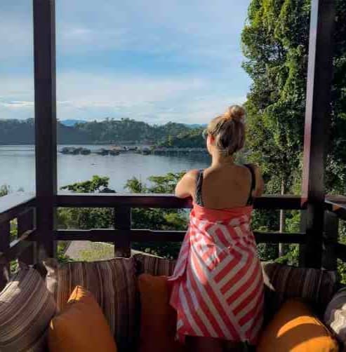 Pictured: Chilling on the balcony at Gaya Island Resort in Borneo with our Nomandia microfibre towel - a must have item for your first backpacking trip!