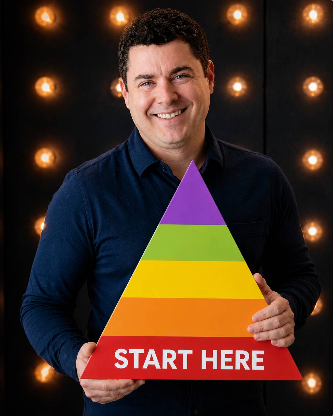 Illustration of Nick holding a five-level pyramid representing Maslow's hierarchy of needs, with the bottom level labeled Start Here