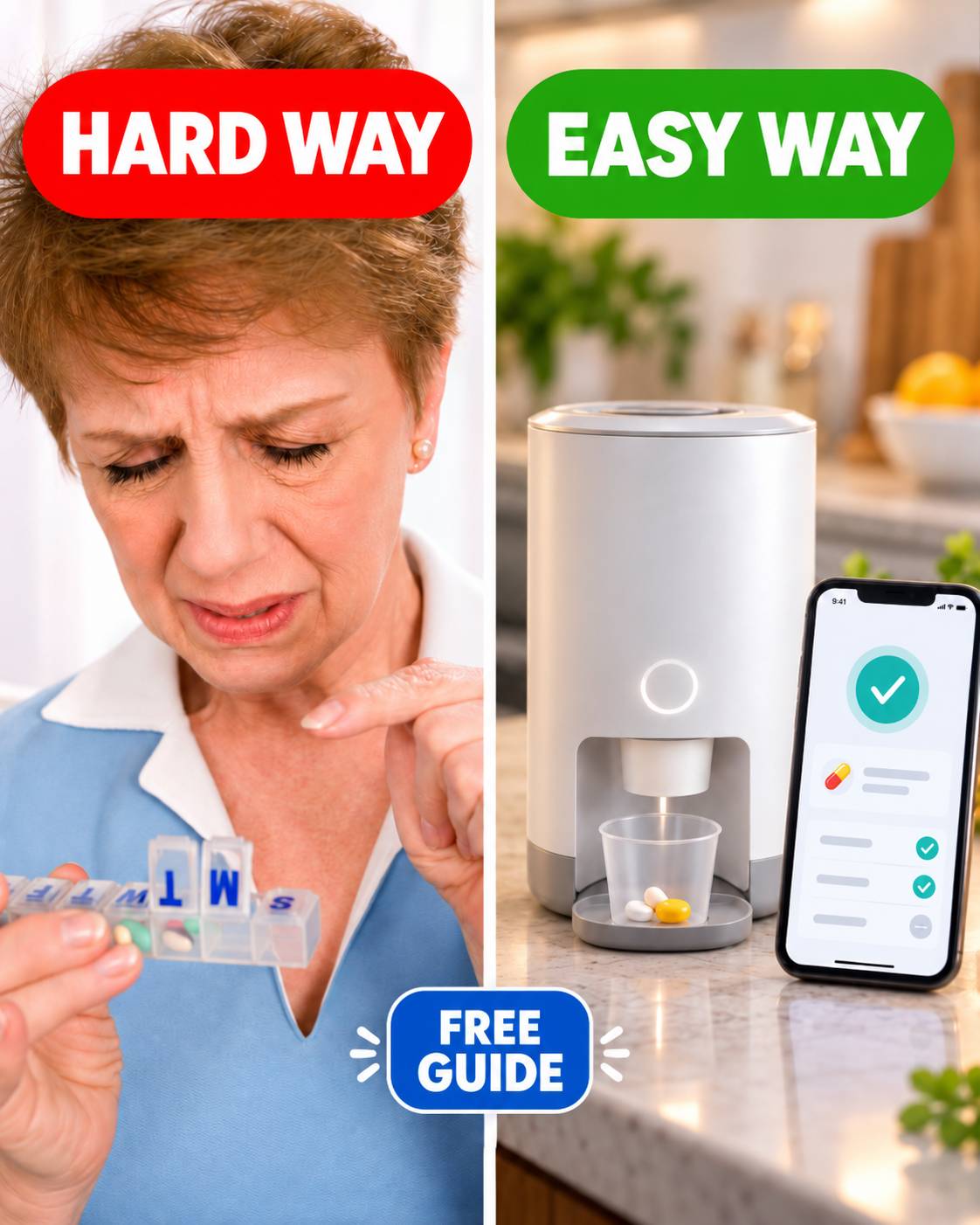 Side-by-side comparison. Left, labeled The Hard Way on a red background: a traditional weekly pill box. Right, labeled The Easy Way in green: an automated pill dispenser with reminders. A box in the middle reads Free Guide.