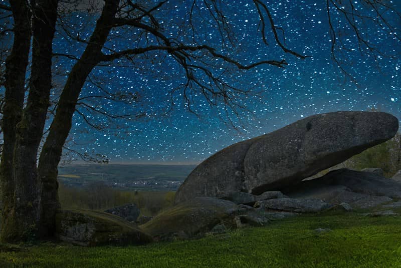 A large boulder and a silhouetted tree under a starry night sky above a valley