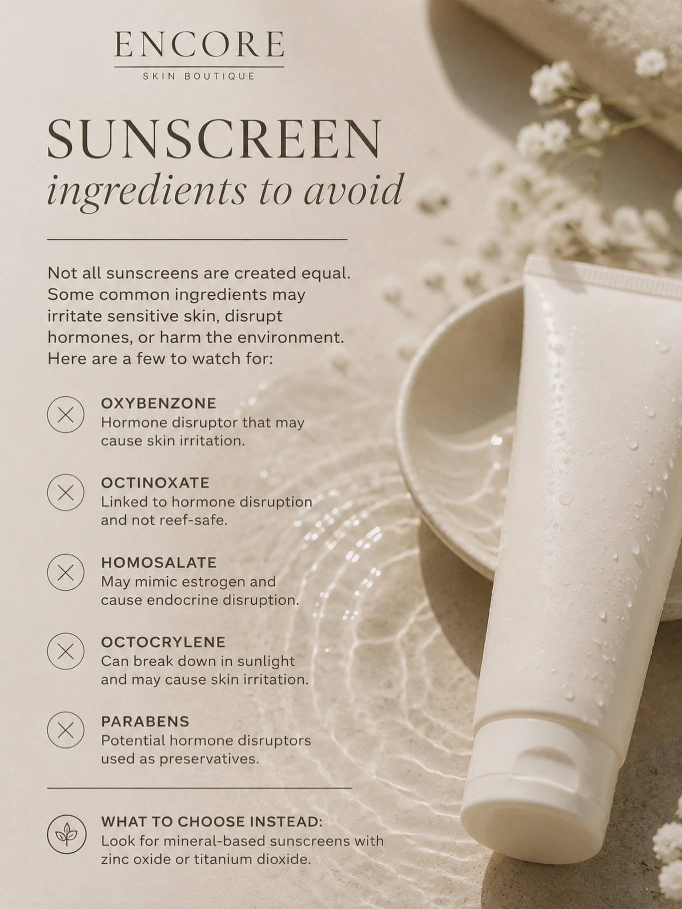 Your sunscreen should protect your skin… not expose it to ingredients you’d rather avoid. ☀️

Not all SPF formulas are created equal, and learning how to read ingredient labels can make a big difference — especially if you struggle with sensitive skin, acne, inflammation, or are simply trying to make more mindful choices for your health.

A few ingredients we personally recommend being cautious with:
• Oxybenzone
• Octinoxate
• Homosalate
• Octocrylene
• Parabens

These ingredients have raised concerns ranging from skin irritation and sensitivity to hormone disruption and environmental impact.

Instead, we typically recommend looking for mineral-based sunscreens with ingredients like:
✨ Zinc Oxide
✨ Titanium Dioxide

Mineral SPF tends to be gentler on sensitive skin while still offering excellent broad-spectrum protection.

And remember — sunscreen is only one part of sun protection. Hats, sunglasses, shade, and being mindful of peak UV hours all matter too. 

Need help choosing an SPF that works for your skin type and lifestyle? DM us and we’ll help you find one you’ll actually love wearing daily.