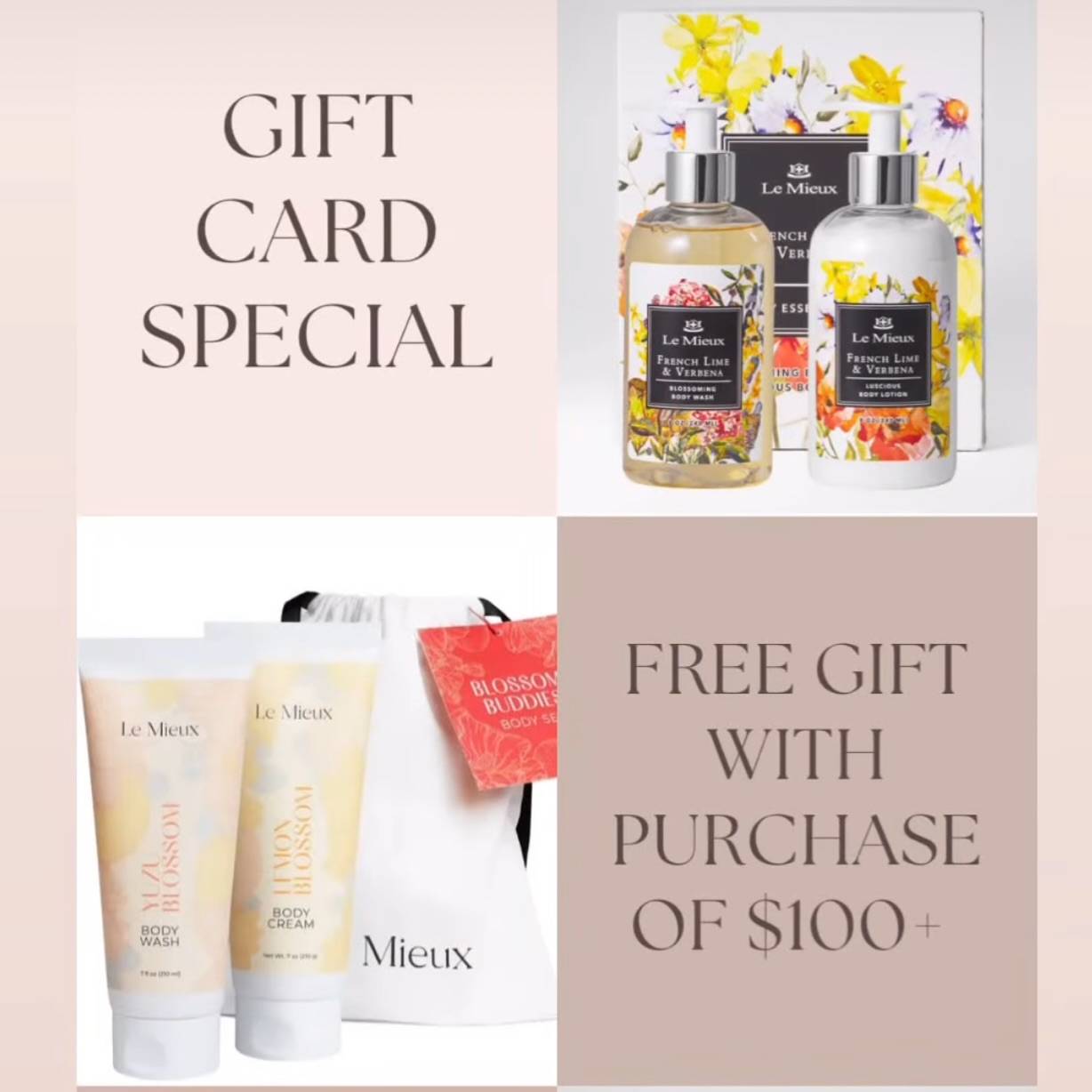 🎁FREE gift with a $100 gift card purchase. You get to choose which gift you’d like as long as supplies last!

Give the gift of self care and keep the free gift or give it with your gift card as an extra bonus gift🩷

Don’t sleep on this deal! Ends December 20th.