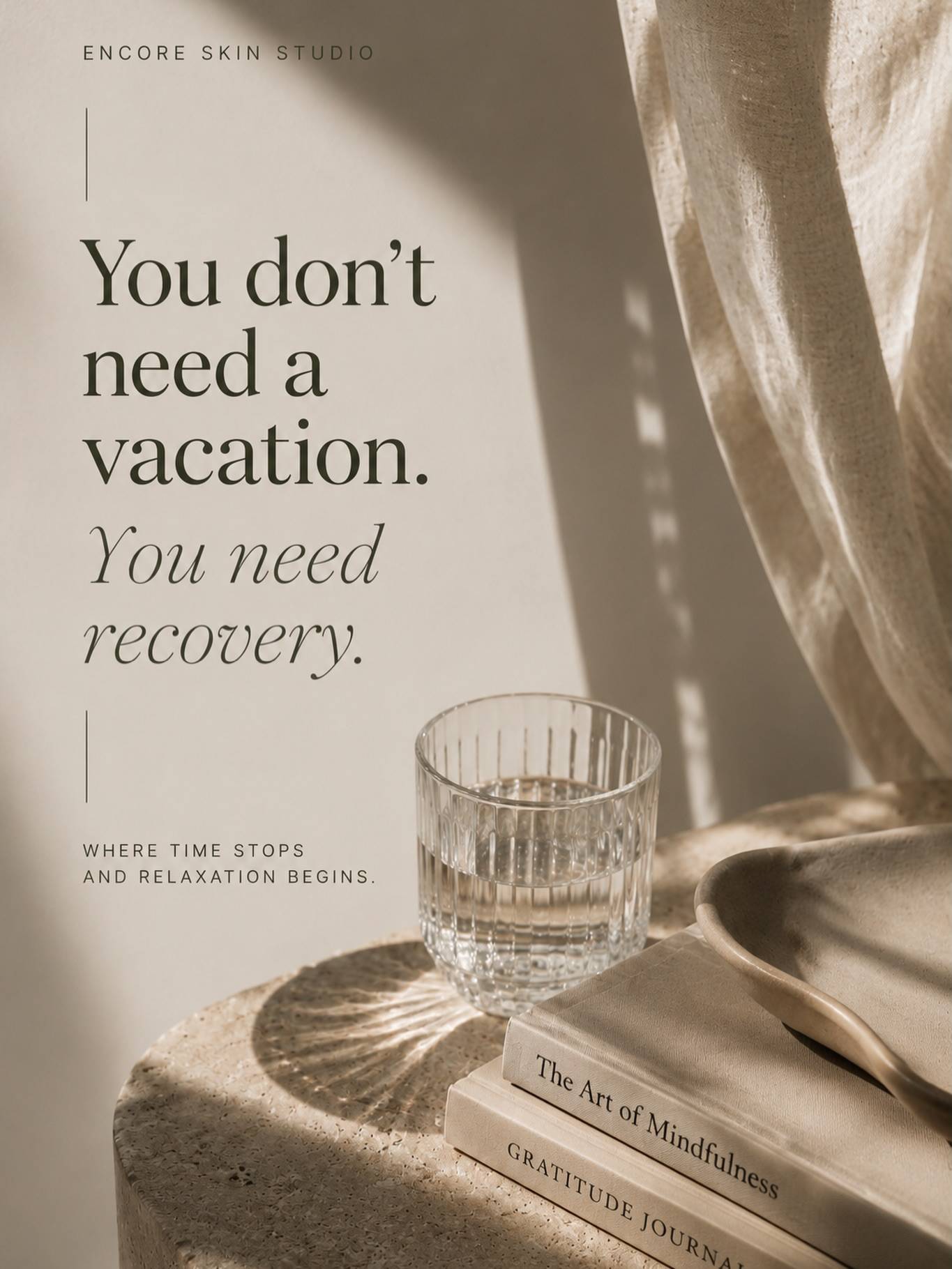 You don’t need a vacation. You need recovery.

Somewhere along the way, we’ve convinced ourselves that rest is something we earn after we’ve finished everything on the list.

The problem is that the list never ends.

Many of the things we blame on aging can be made worse when we’re constantly running on stress:
✨ Increased inflammation
✨ Impaired skin barrier function
✨ Dehydration
✨ Poor sleep
✨ Dull, tired-looking skin

Your nervous system wasn’t designed to stay in a constant state of “go.”

It needs moments of recovery woven throughout the week.

A quiet walk.
A few minutes in the sun.
An afternoon without notifications.
A facial.
A deep breath before rushing into the next thing.

Small moments matter.

Because healthy skin isn’t just created by what you put on it.

It’s also influenced by how you care for yourself.

At Encore, we believe skincare should be more than a treatment.

It should be an opportunity to slow down, reset, and give your mind and body a chance to recover.

Where time stops, 
and relaxation begins…