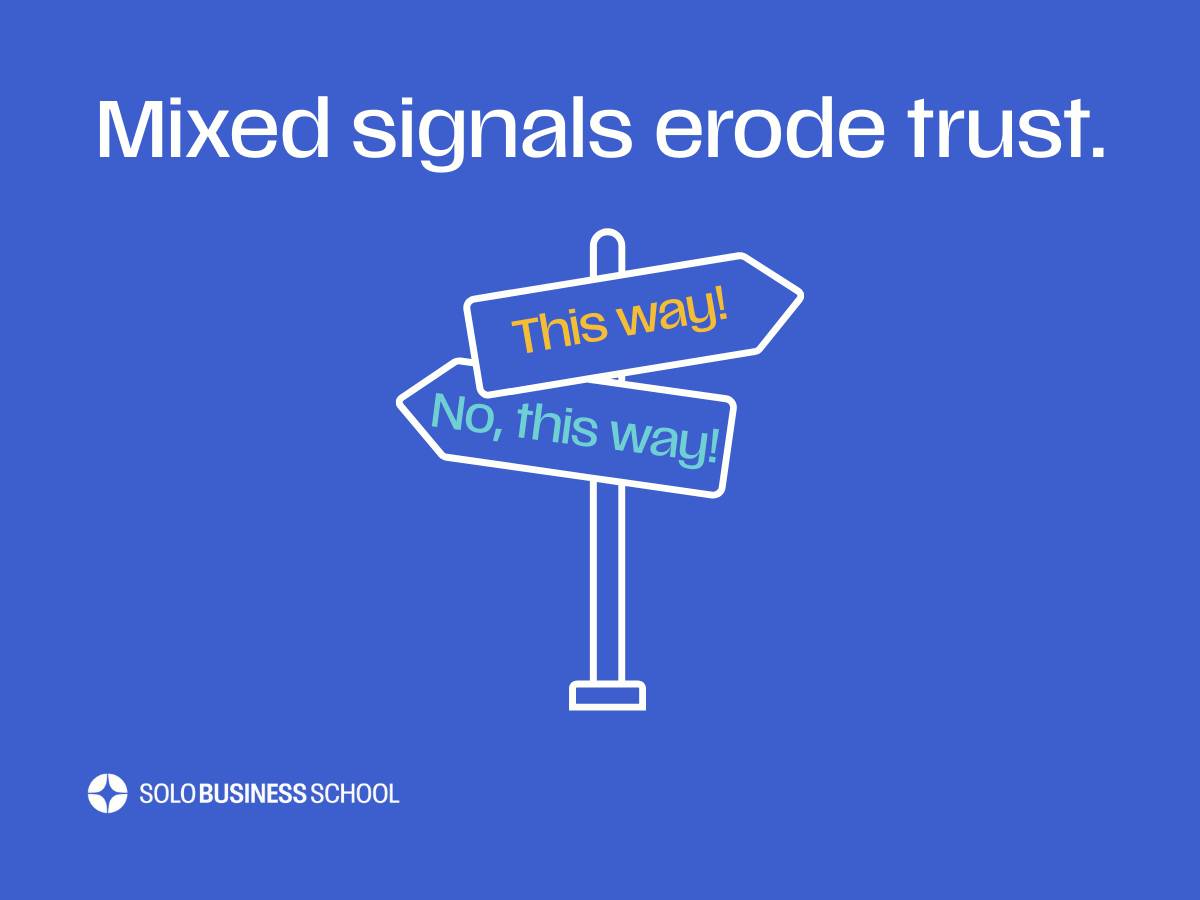 White image of sign post on blue background indicating two different ways to go. Text: Mixed signals erode trust.