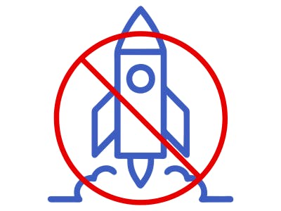 Outline icon of rocket ship about to launch with international "no" symbol superimposted on it