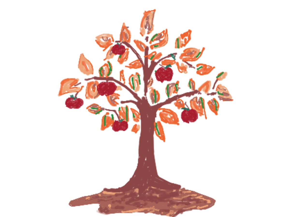 Illustration of an apple tree in Fall, ready for harvest