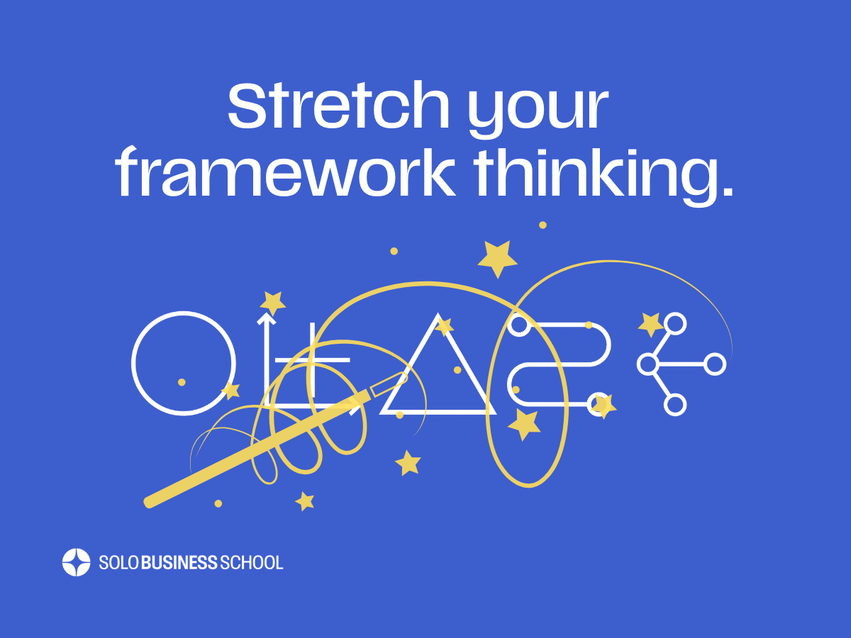Blue background with image of magic wand superimposed over 5 core framework shapes. Text: Stretch your framework thinking.