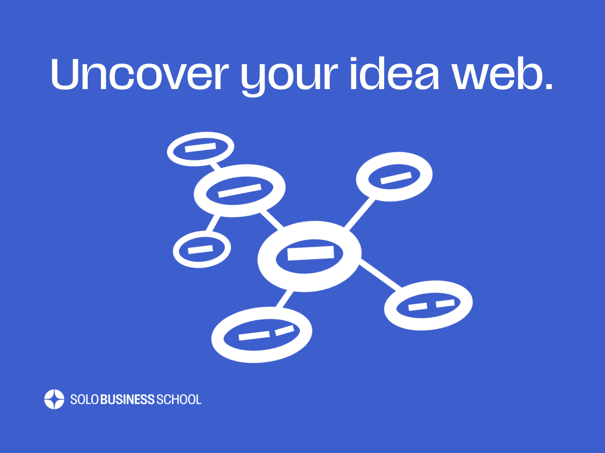 White icon of mind map of blue background. Text: Uncover your idea web.