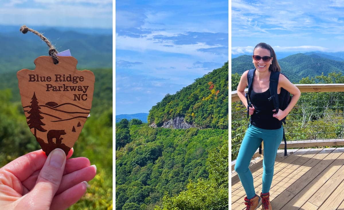 Blue Ridge Parkway Asheville photo collage with ornament, BRP, and Christine on Mount Pisgah Trail