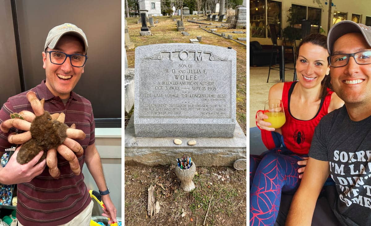 collage of plush spider, grave, and Halloween yoga