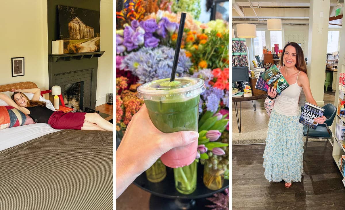 collage of ice matcha, book shopping, and boutique hotel bed Asheville