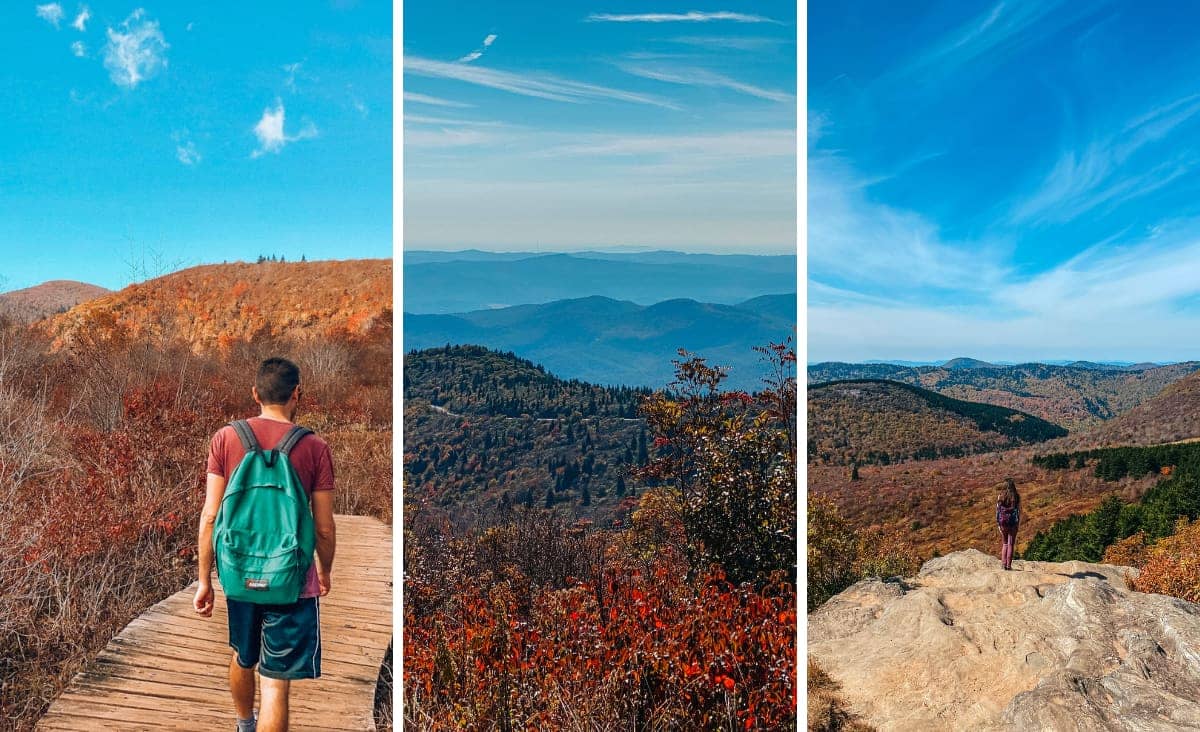 Asheville fall hiking collage with us on trails and leaves