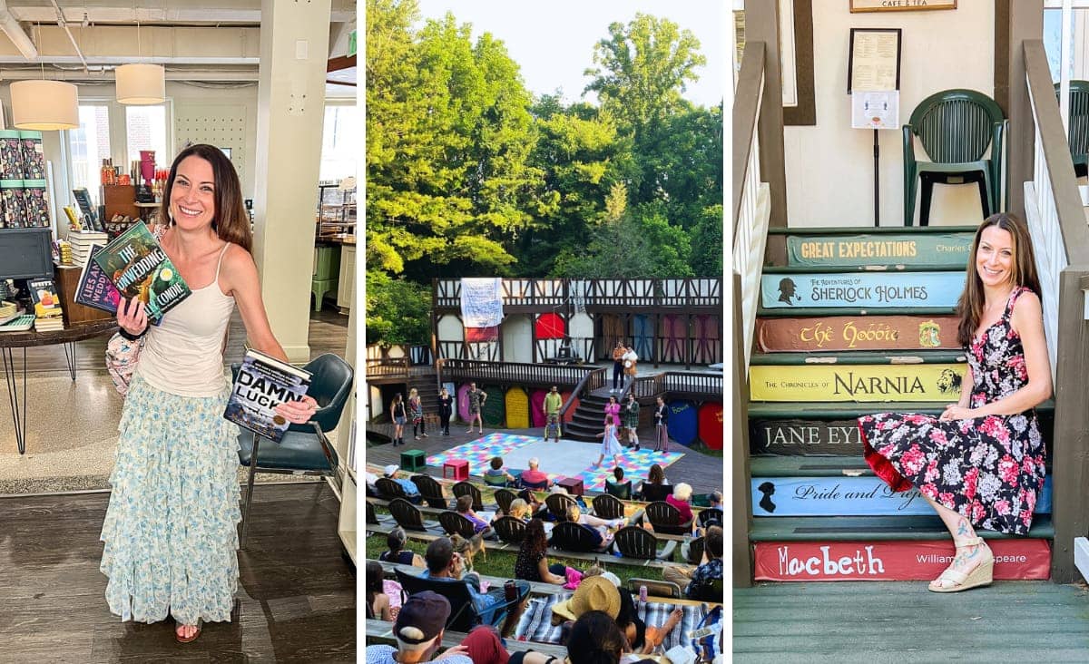 collage of Christine in bookstore and on book spine stairs and Shakespeare in the Park