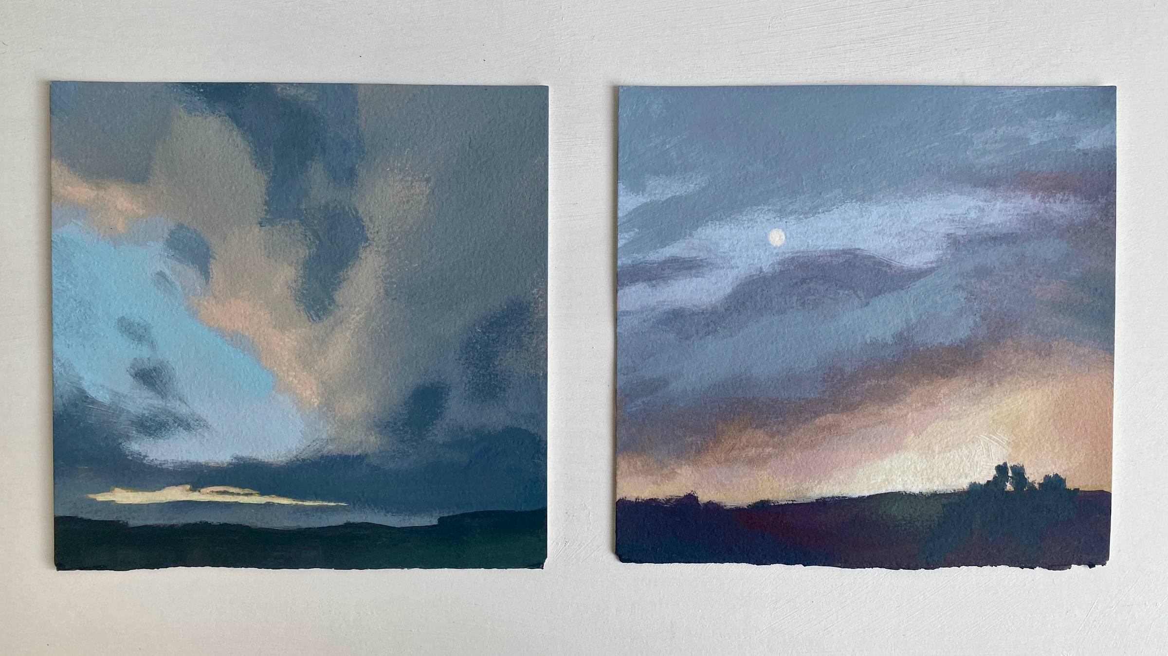 Evening sky paintings featuring soft pinks and blues.