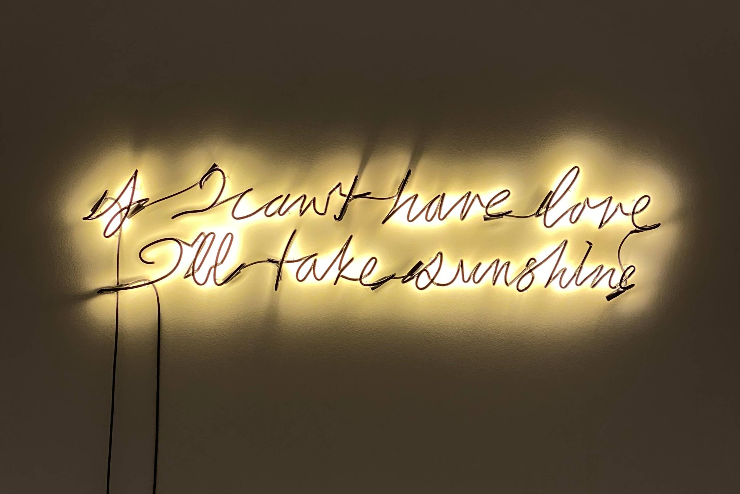 Neon text glowing on wall of art gallery.