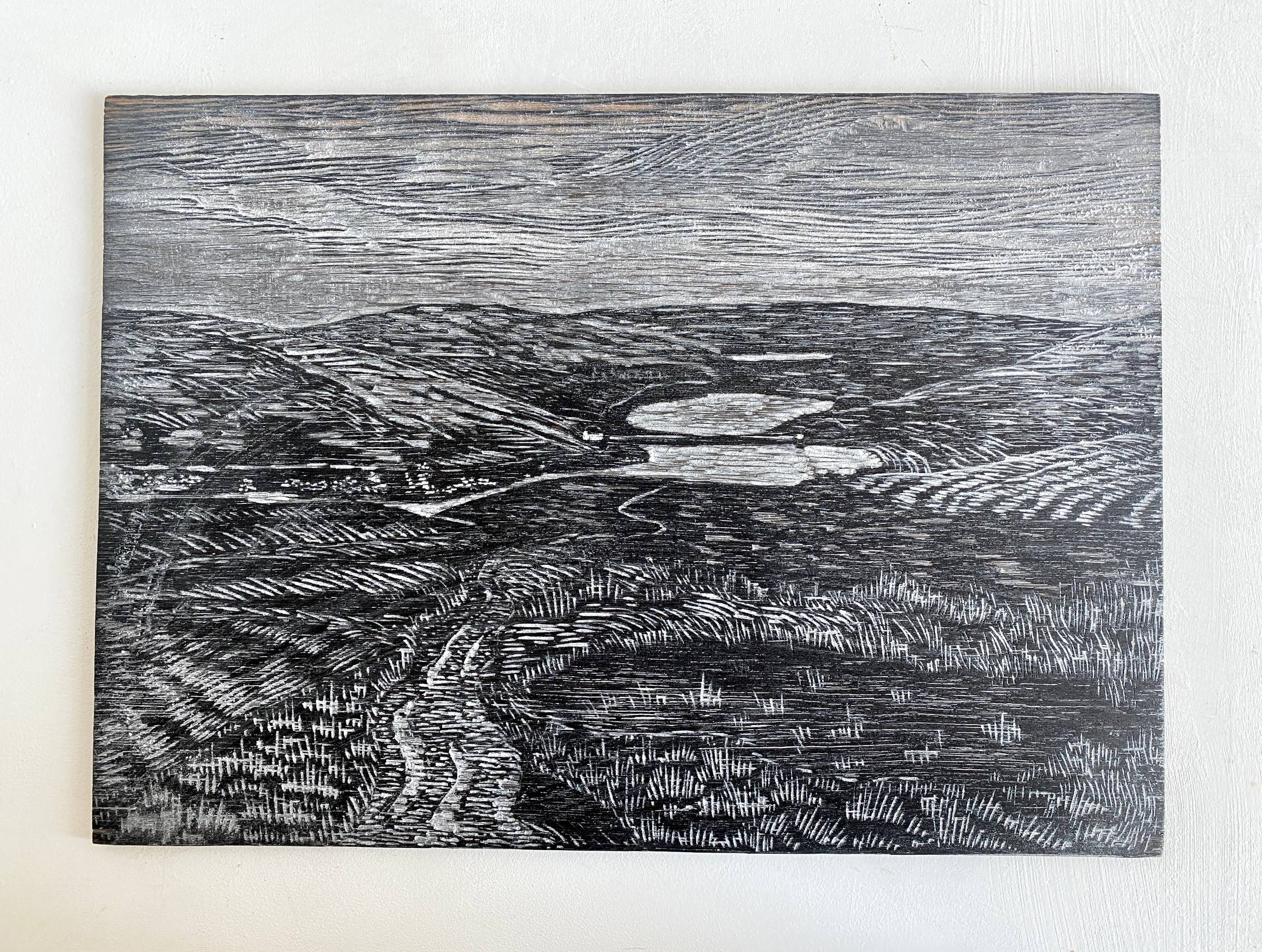 A wooden printing block with dark inkstand surface and pale incised marks, moorland reservoir scene.
