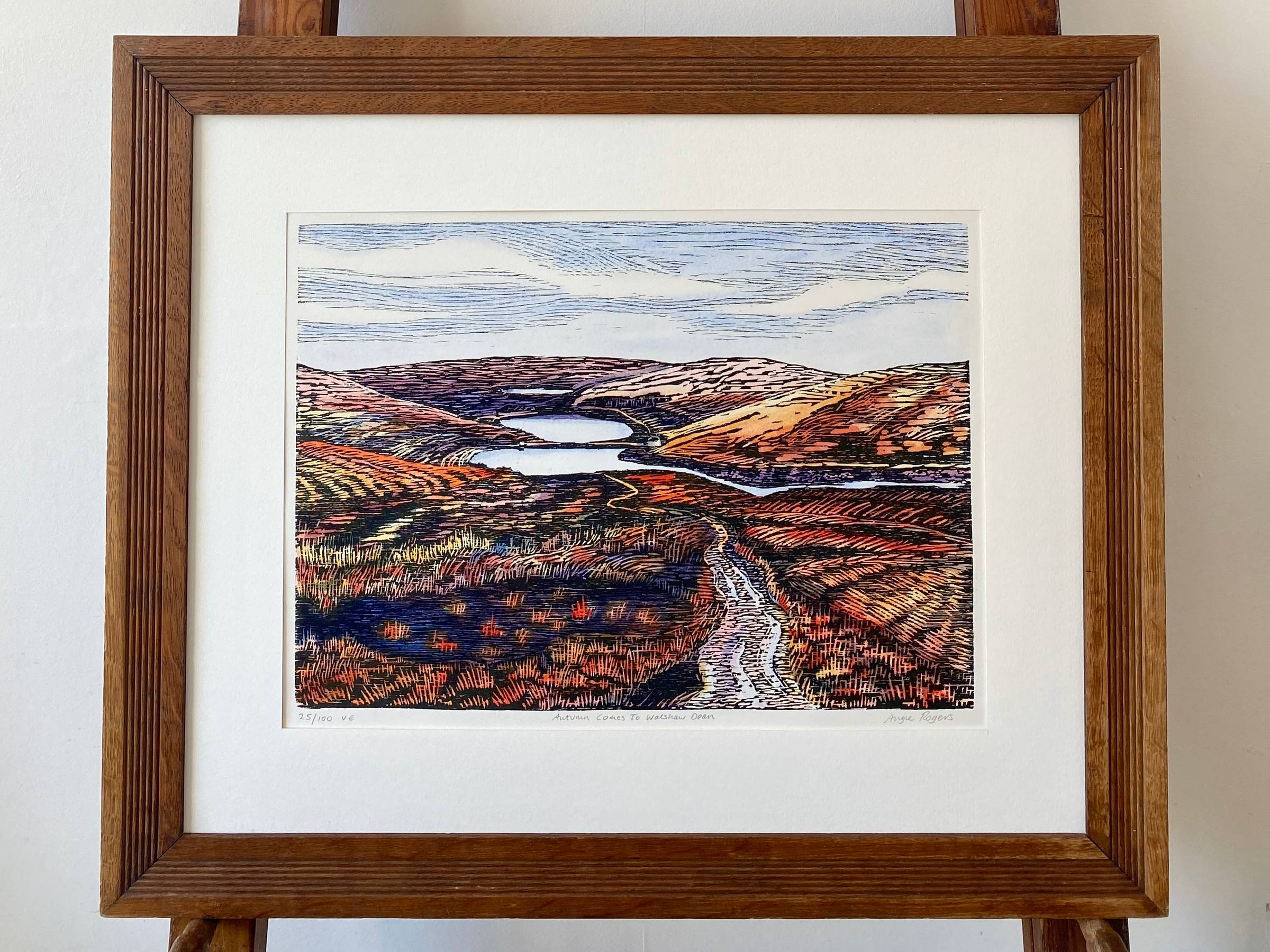 Walshaw Dean woodcut print in orange and yellow in wooden frame