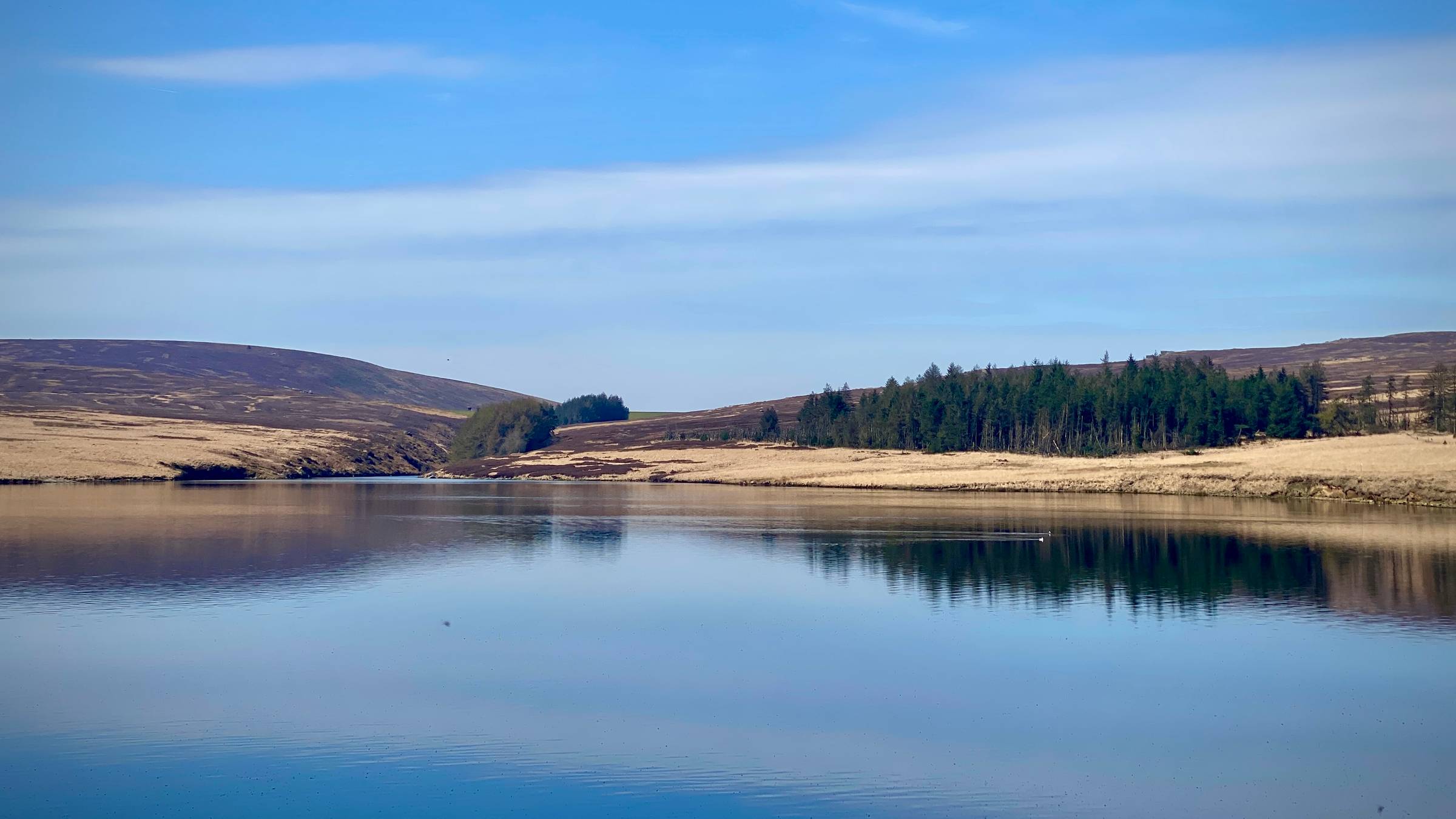 A moorland reservoir, all blue and gold in fine weather.