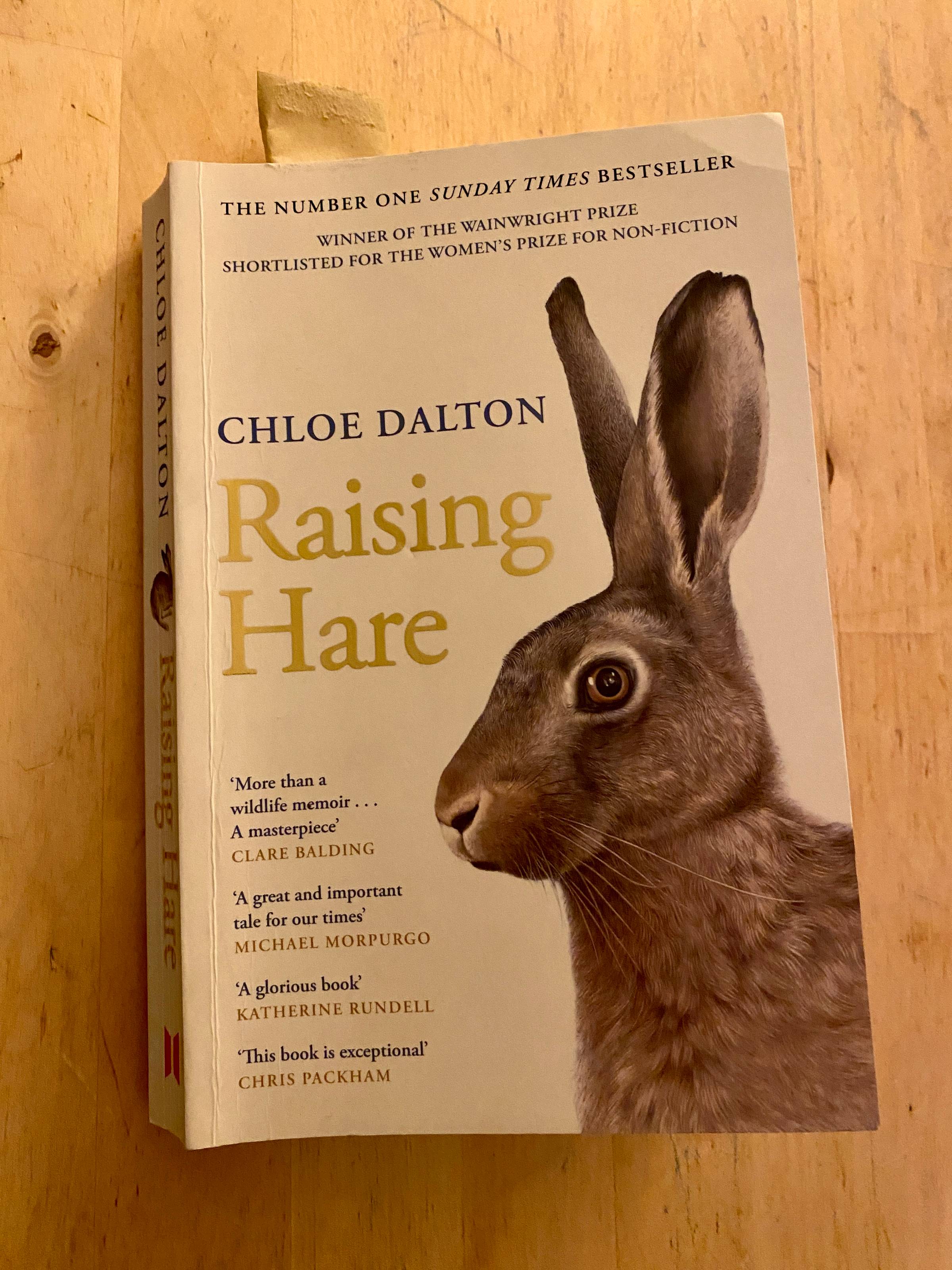 A paperback book on a wooden table with a hare on the cover.