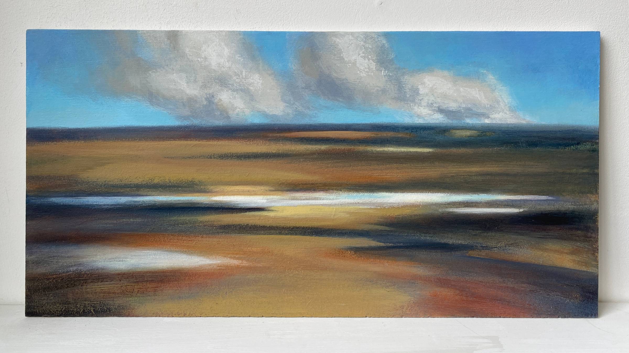 a painting of a moorland scene with blue sky and white clouds and small pools within the peat bog.