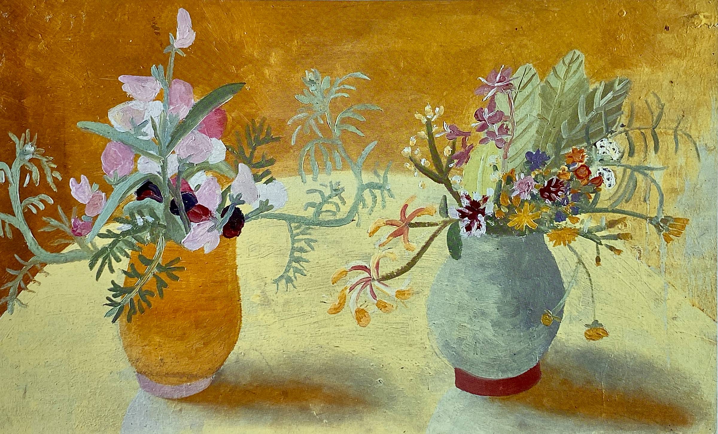 Winifred Nicholson painting of wild flowers in vases. Colours yellows and violets.