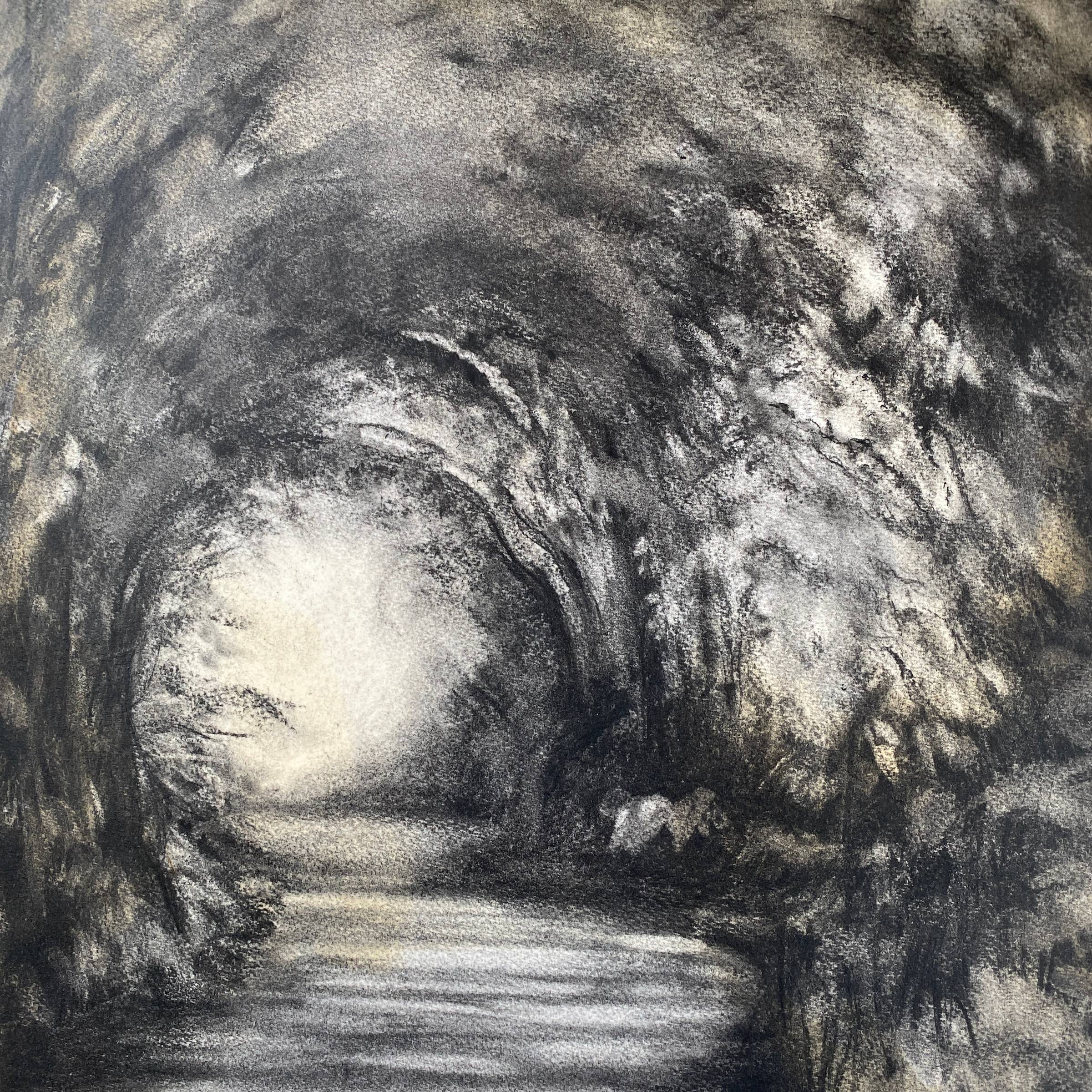 charcoal drawing on rough textured paper. Complex black and white shadows with pale buff areas describing a tree tunnel