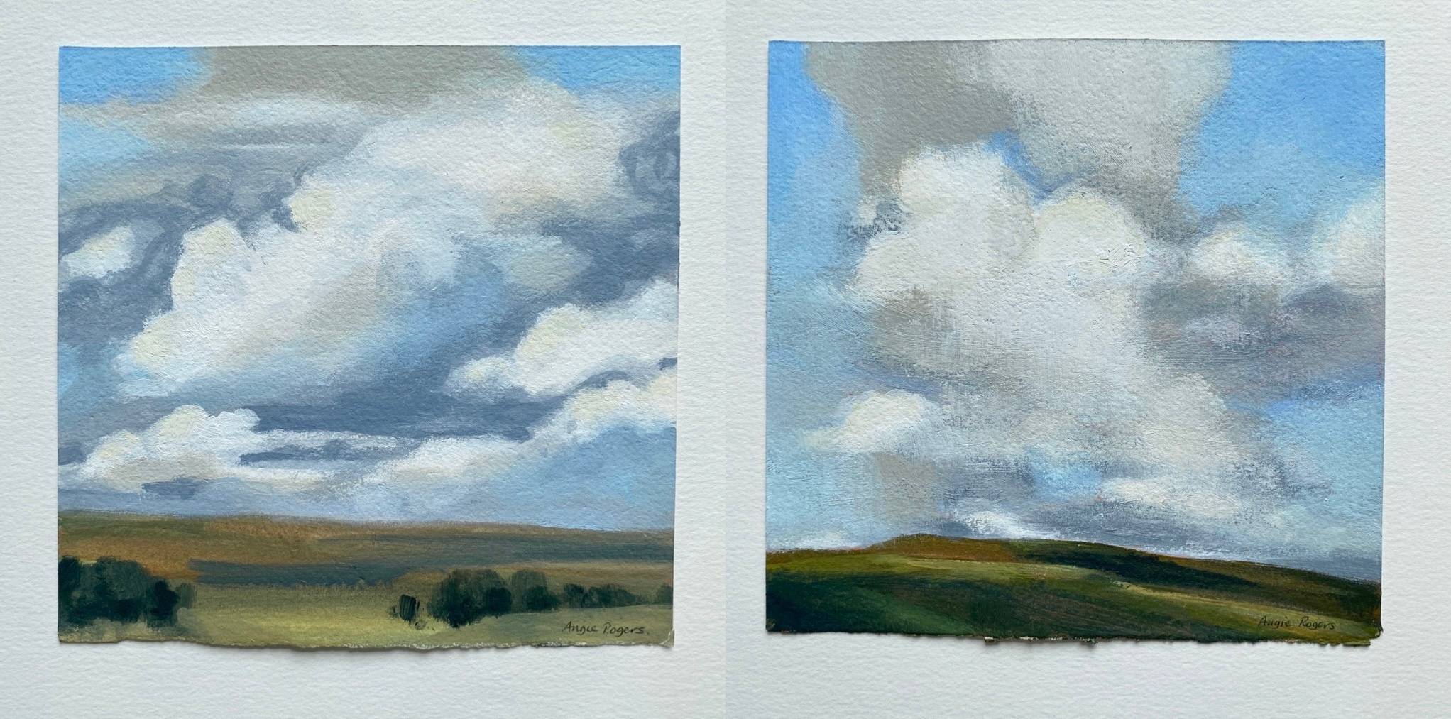 Two square landscapes with clouds paintings by Angie Rogers, dominant colours white, blue and grey. Low horizon.