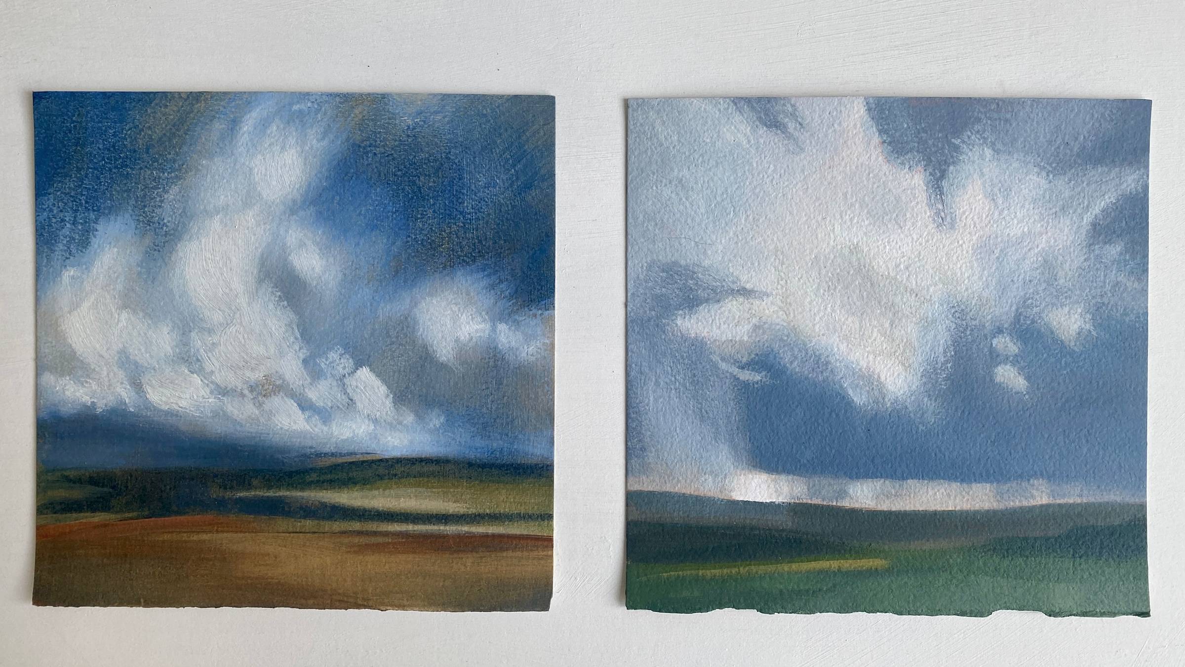 Landscape in summer, blue sky, clouds, green fields, hills, forest.