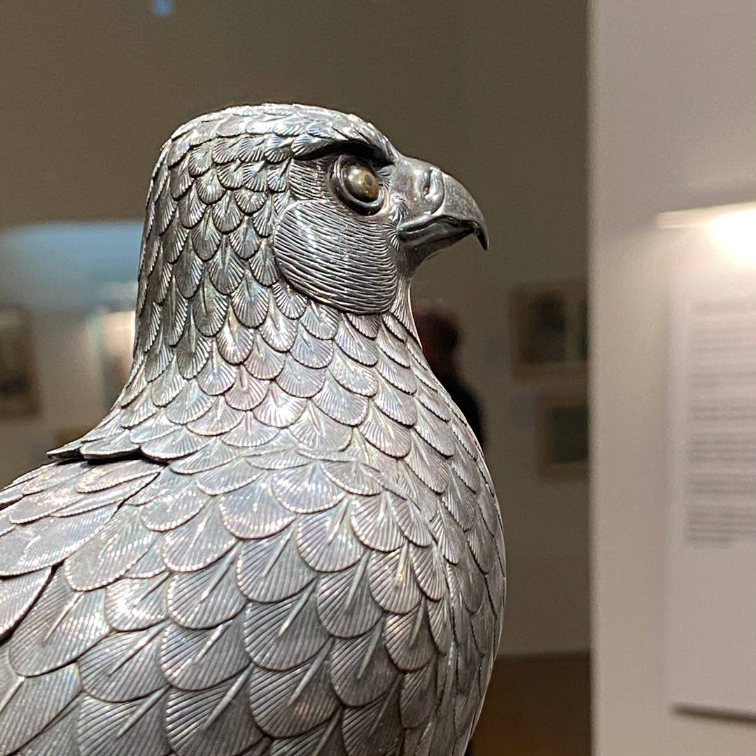 Head and shoulder of Japanese bronze falcon.