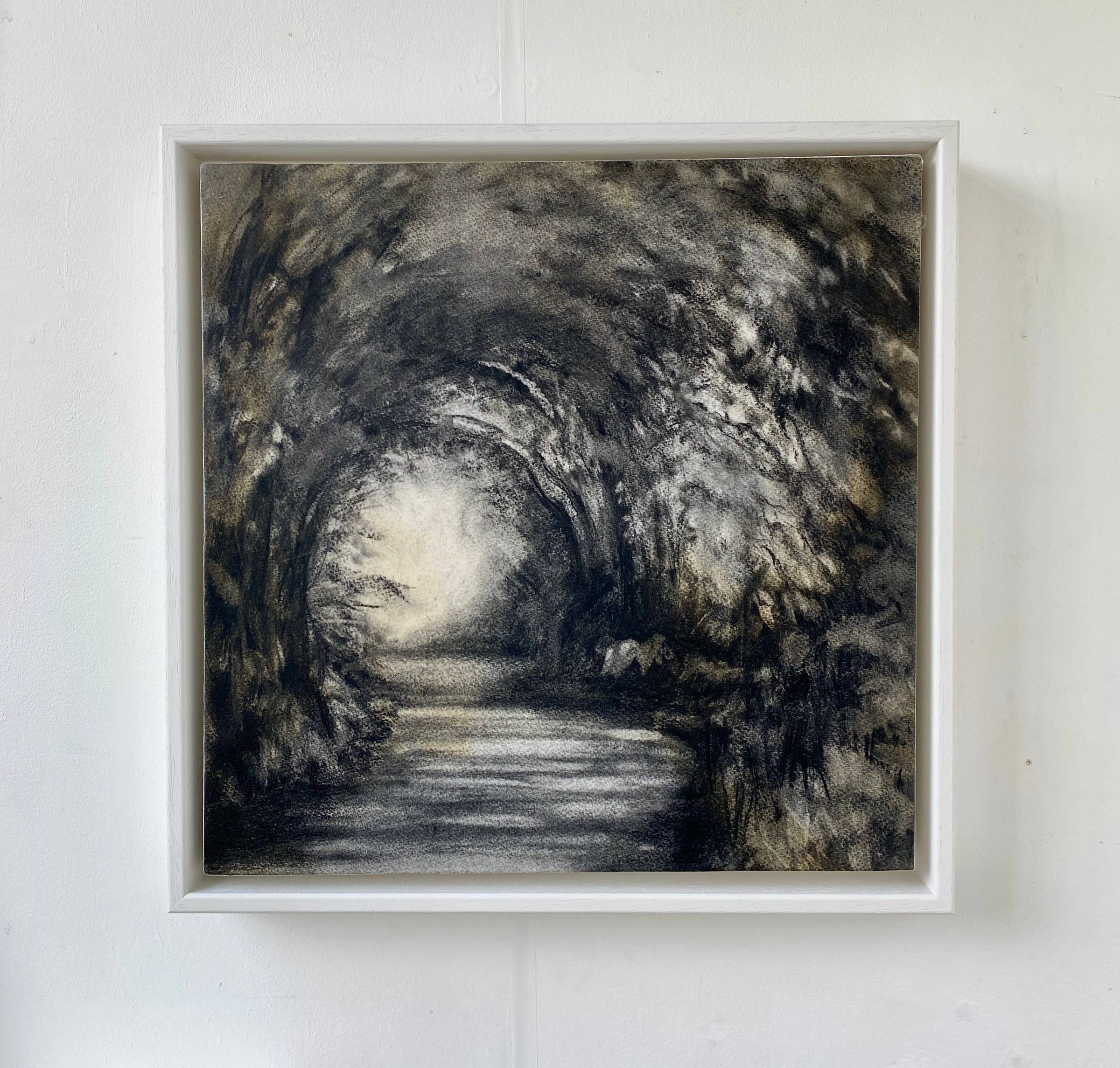 A painting in black white and ochre of a tree tunnel.