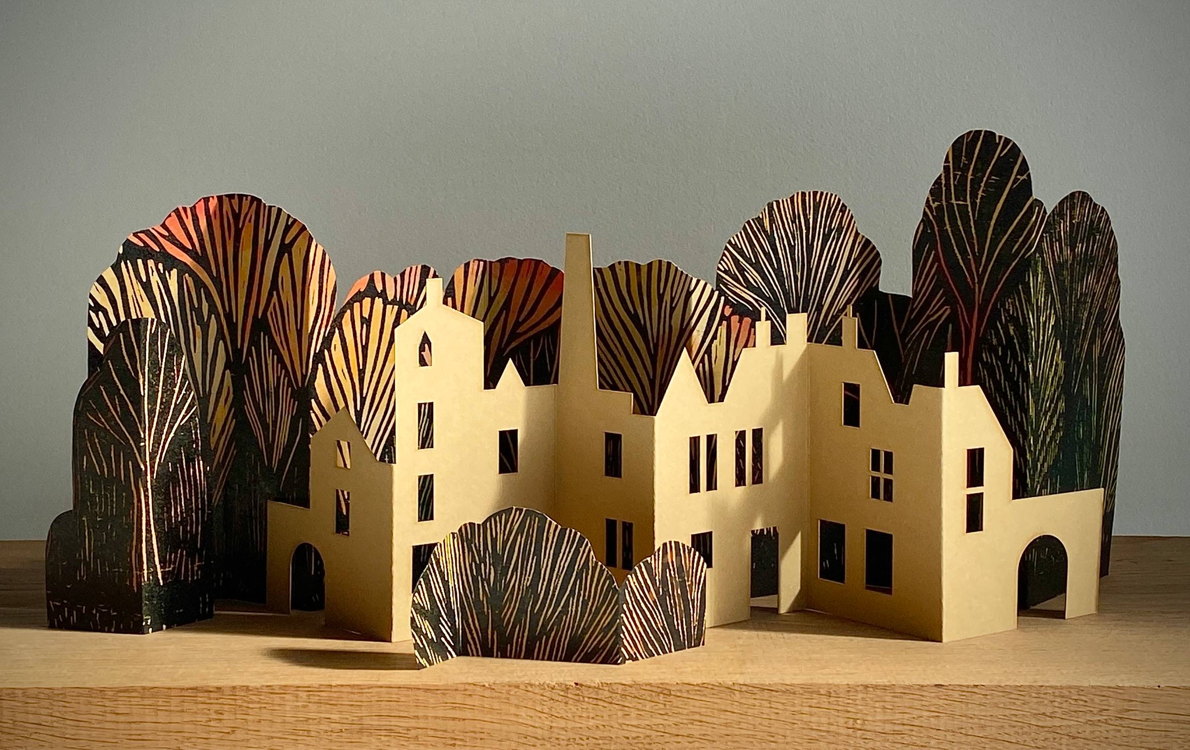 Autum colours townscape and woodland miniature paper sculpture of Hebden Bridge
