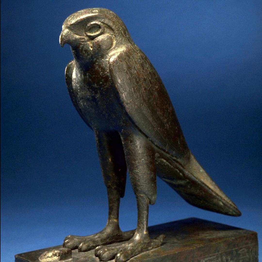A falcon statue in dark metal against royal blue background.