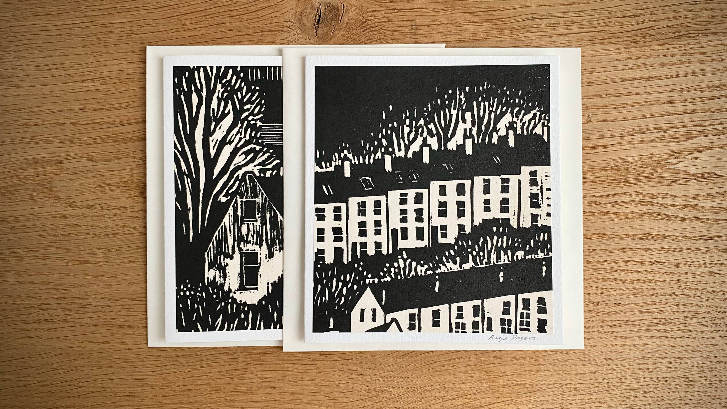 Black and white prints made into greetings cards, buildings and trees of Hebden bridge