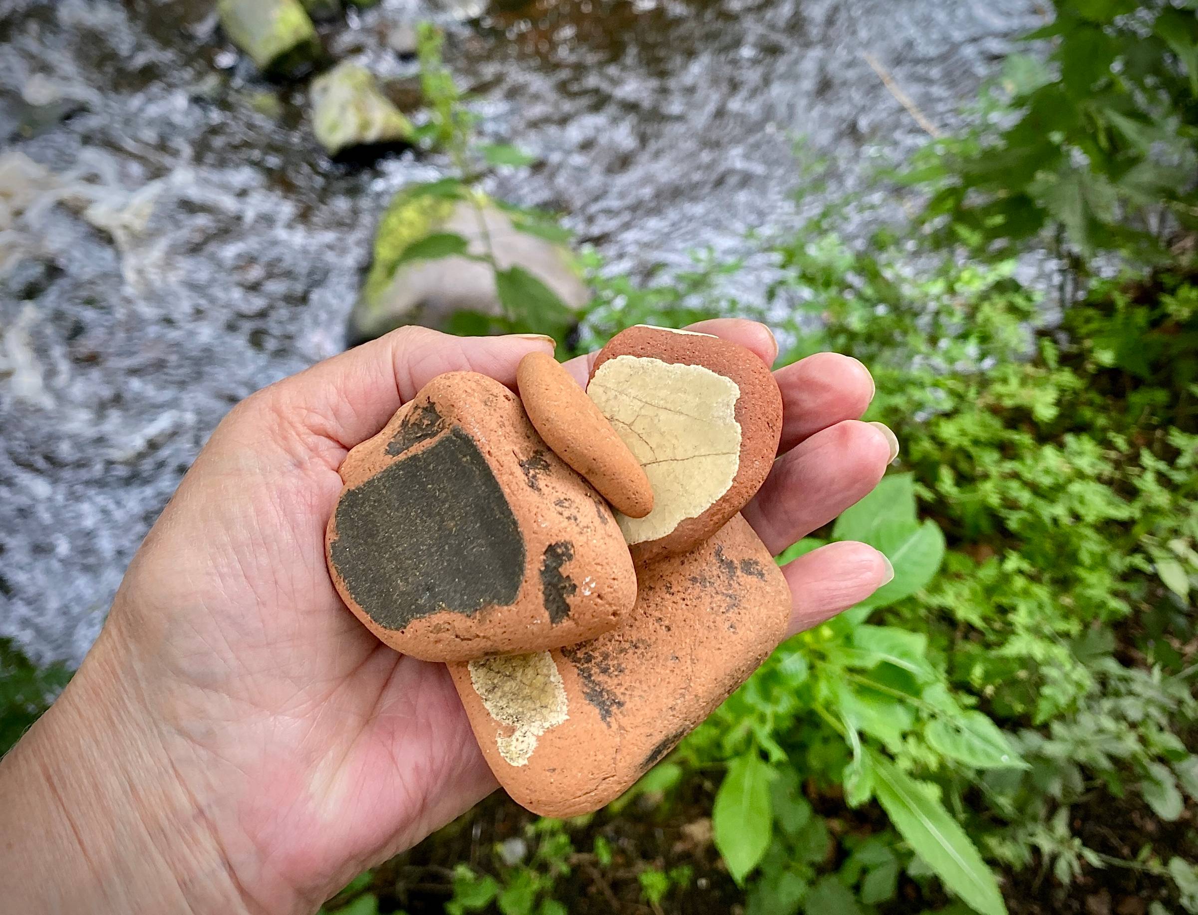 A human hand holding terracotta pebbles above the verdant bank of a river.