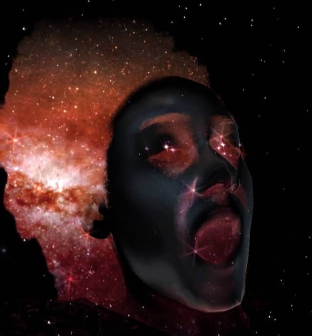Cate screaming as she rides through the universe on the back of Earth. A snapchat filtered image of Cate's face against a backdrop of the universe. 