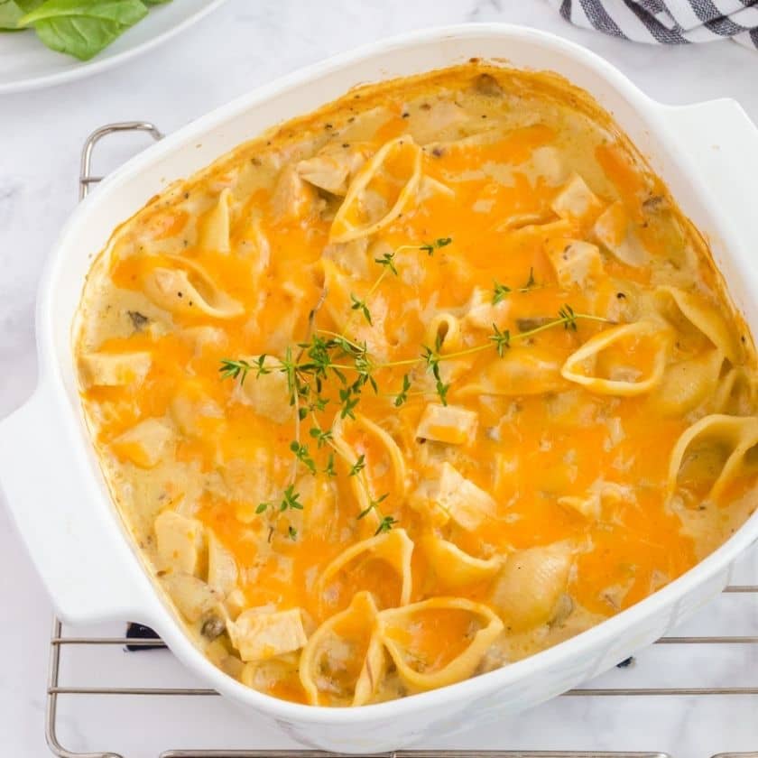 Turkey pasta casserole in a casserole dish