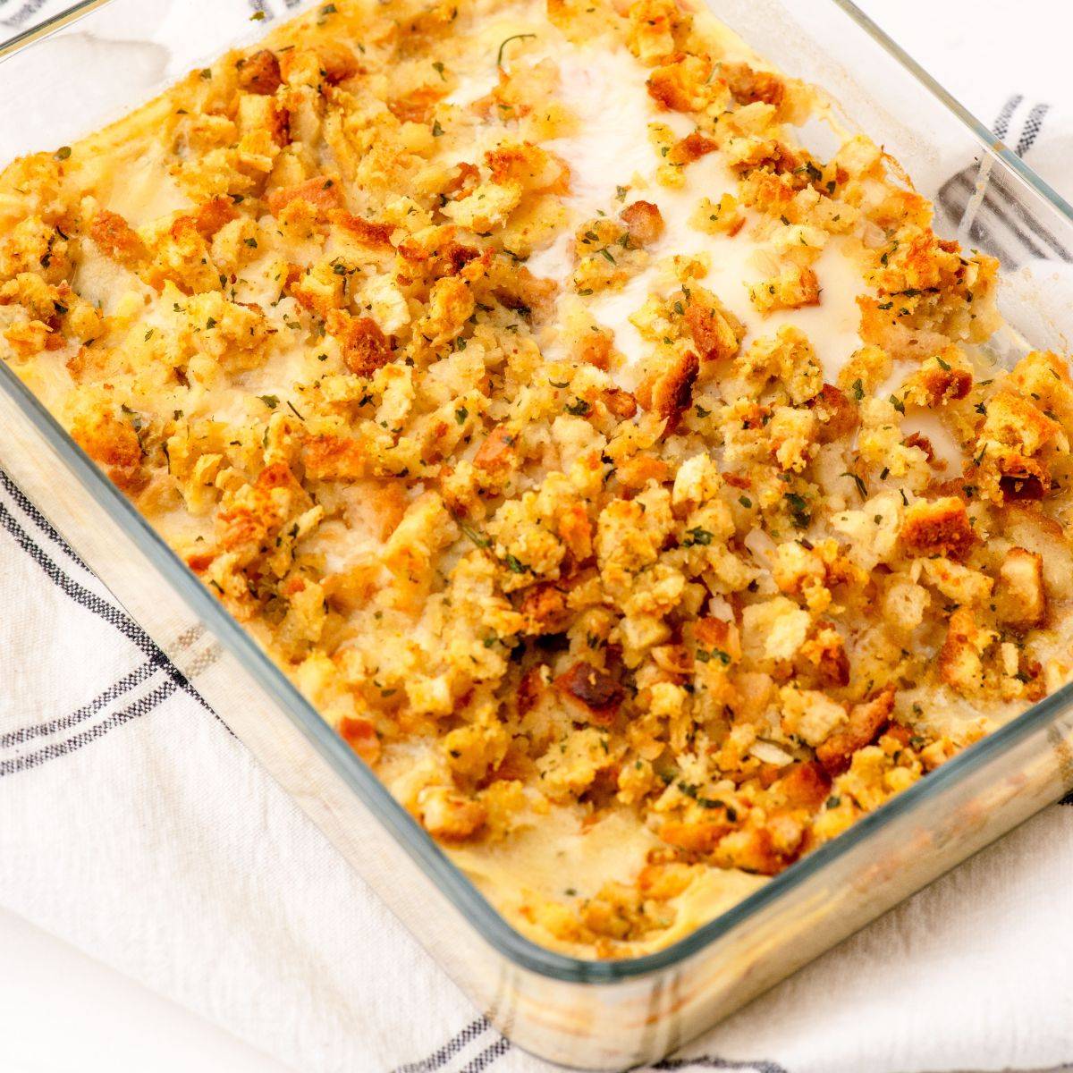 Swiss Chicken Casserole in a casserole dish