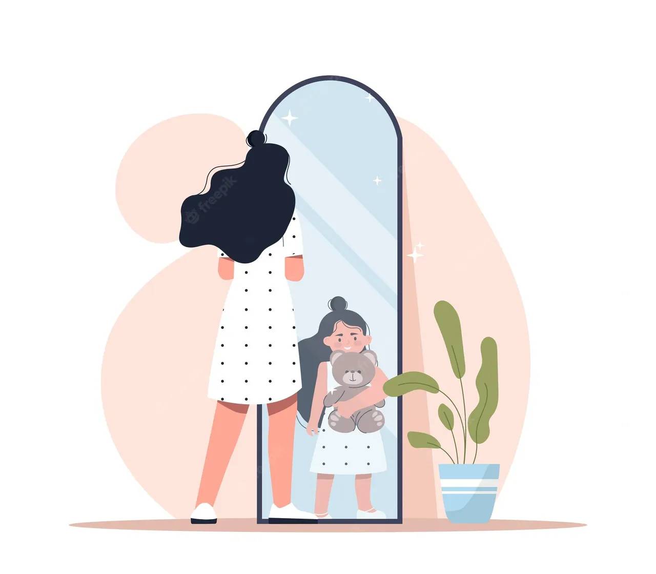 An adult looking in the mirror and seeing a younger version of themselves
