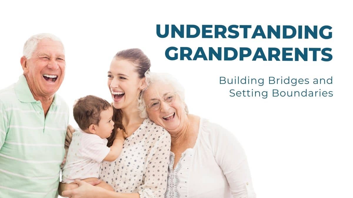 Laughing mother holding dark-haired baby with laughing grandparents embracing them