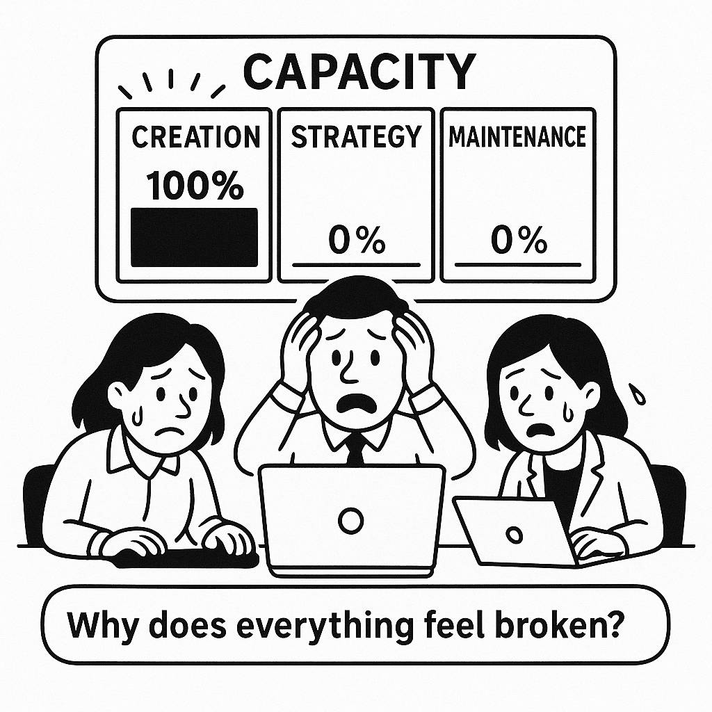 Three cartoon people appear stressed at their computers with a sign that says 100% creation, 0% strategy, 0% maintenance and a caption that says Why does everything feel broken?