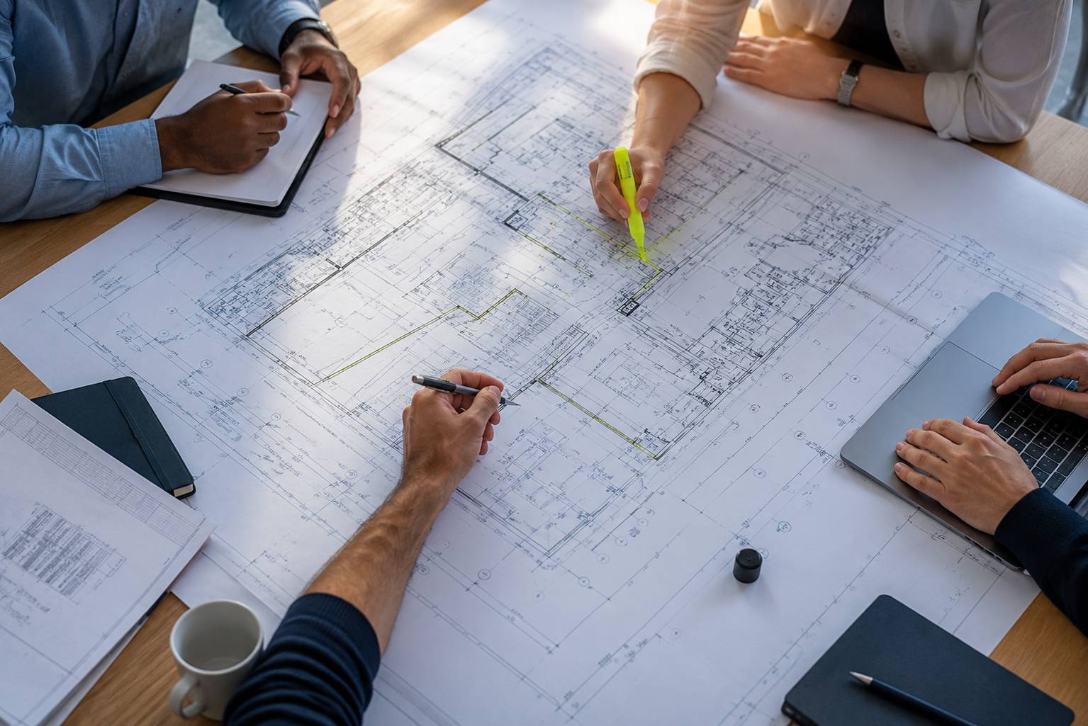 Overhead view of several people collaborating around a large technical blueprint spread across a conference table, using a tablet, laptop, marker, and mechanical pencil. The blueprint is the central focus, illustrating a shared plan used by multiple disci