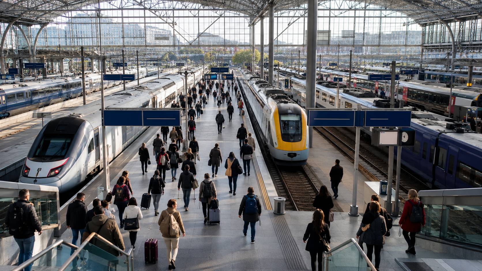 Photo-like image of a European style train station with different platforms and many different train lines.