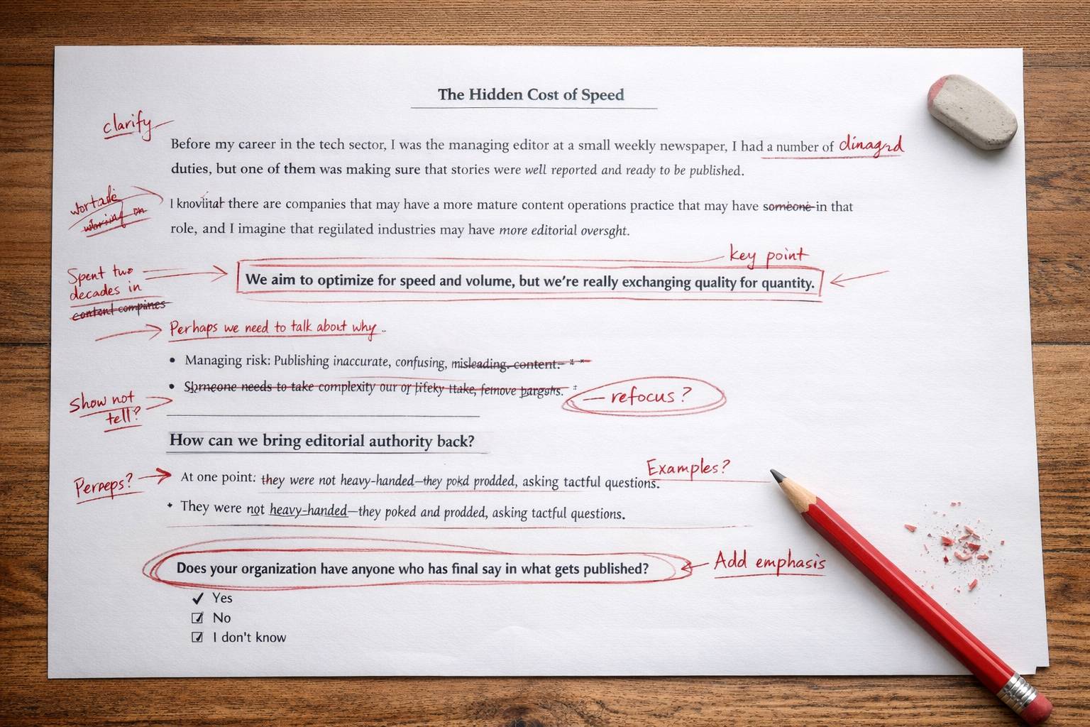 Photo-realistic image of a marked-up draft of this article, with a red pencil, an eraser, and eraser dust sitting on the paper.