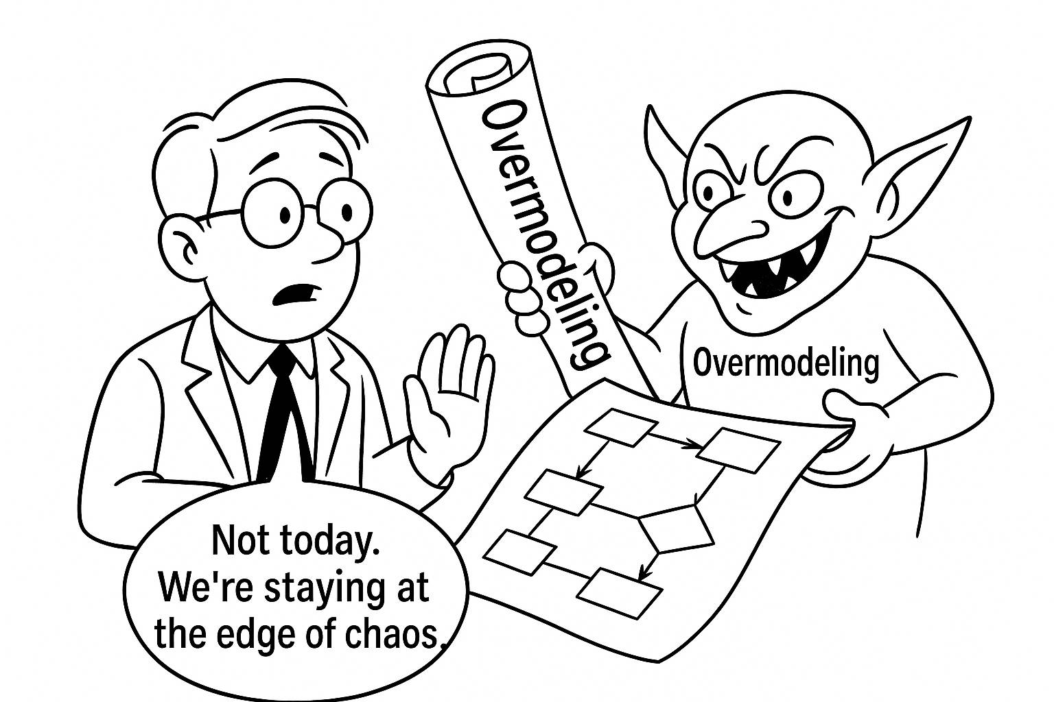 A goblin labeled overmodeling holds a diagram while a man says: Not today. We're staying at the edge of chaos.