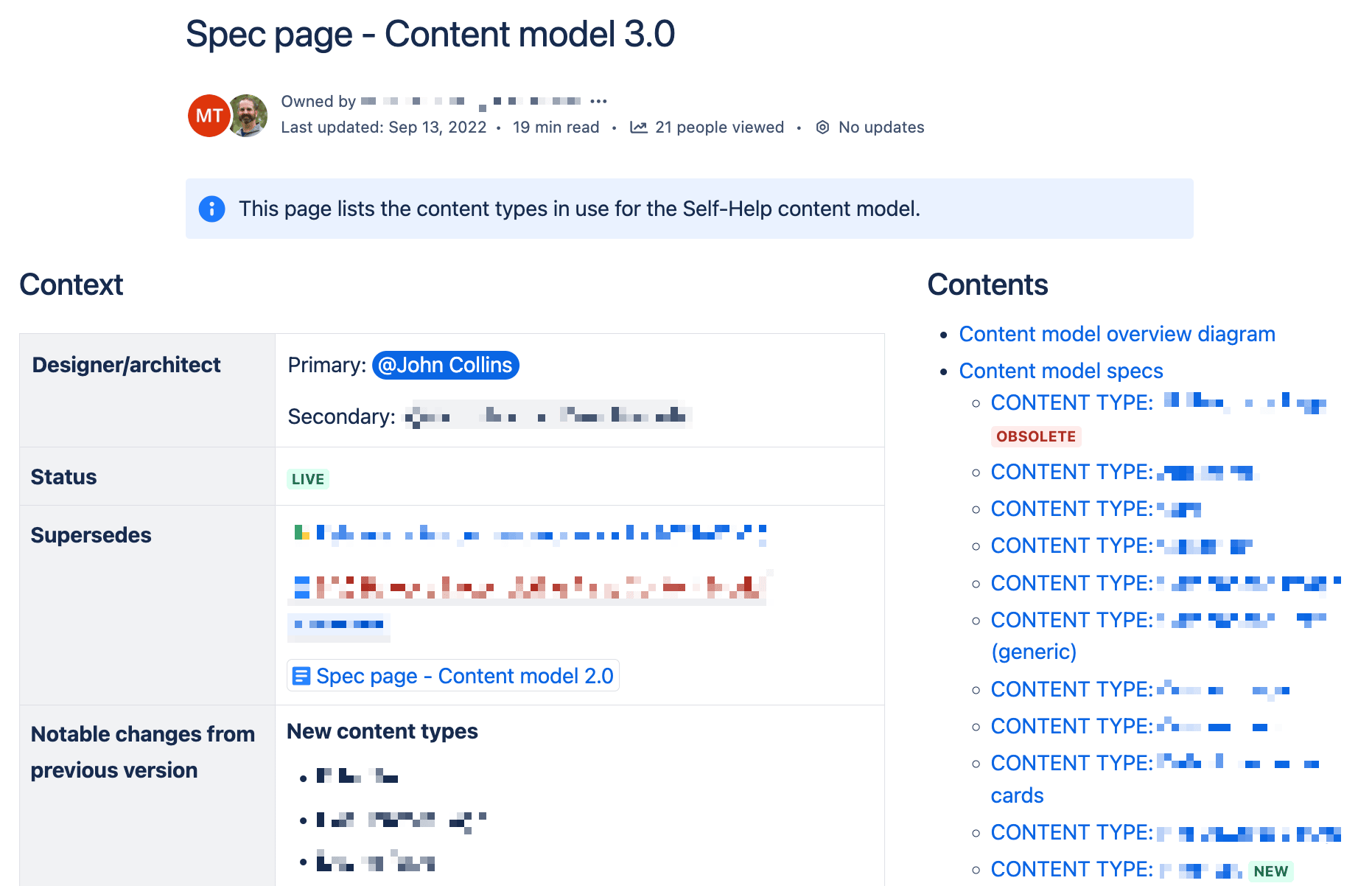 Screenshot of a content model overview table with sensitive text blurred out