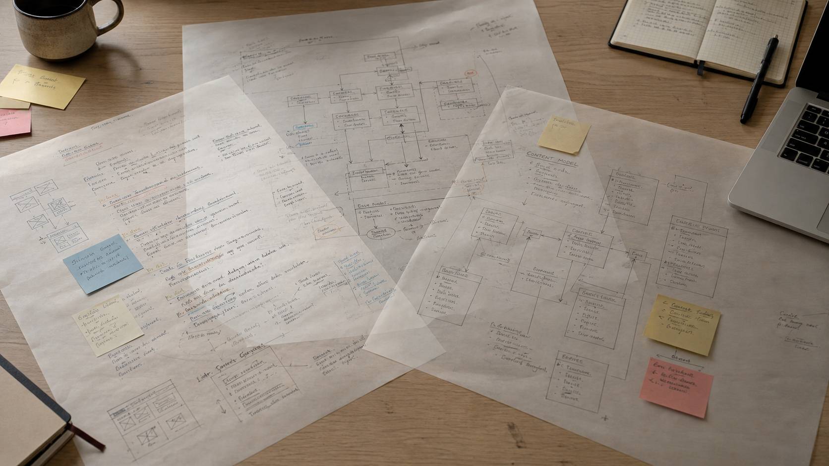 Photo-realistic image of semi-transparent papers overlapping on a desk. The papers have engineering diagrams, content model diagrams, and content on them.