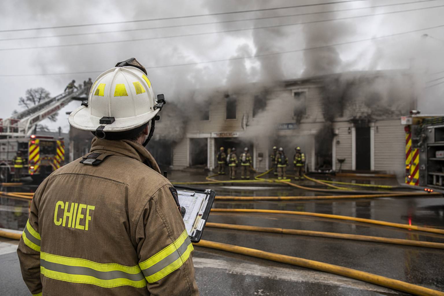 A fire chief looks over a fire scene as smoke pushes from a building in the background and hoses criss-cross the ground between fire apparatus.