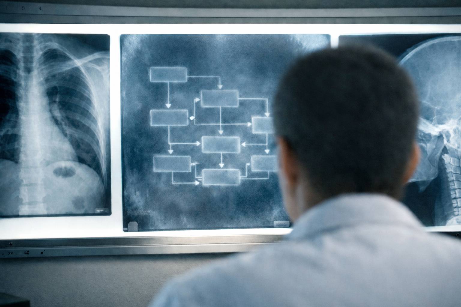 AI-generated image of a technician looking at an X-ray that reveals a boxes-and-arrows diagram.