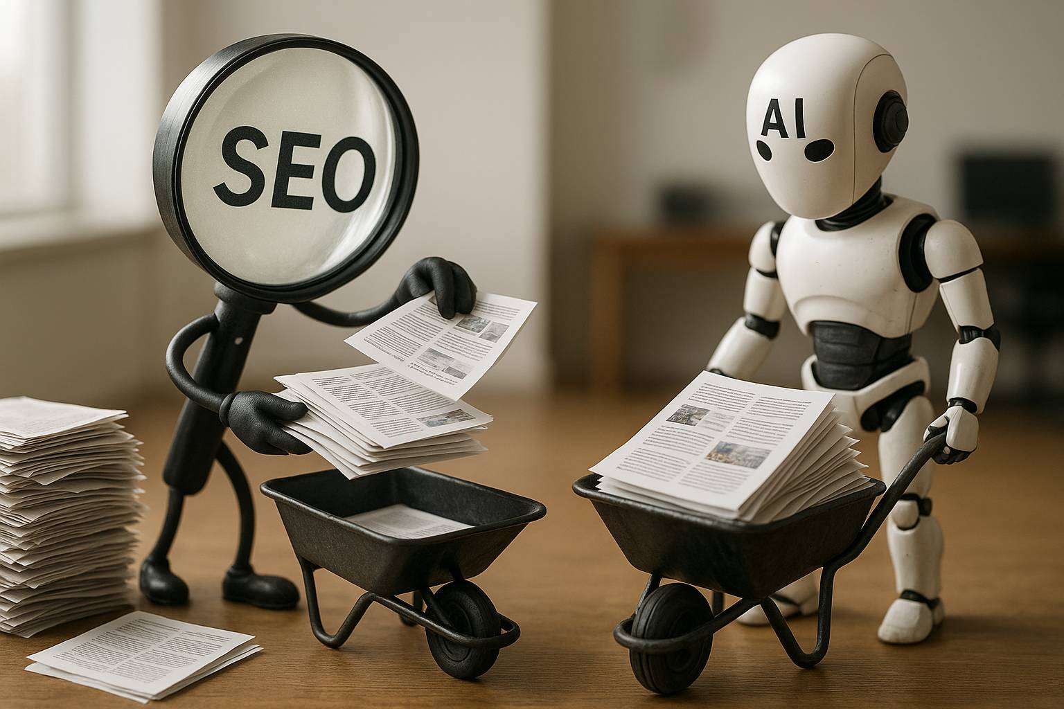 An SEO magnifying glass loads a few pieces of content into a wheelbarrow and an AI robot carries a wheelbarrow full of content.