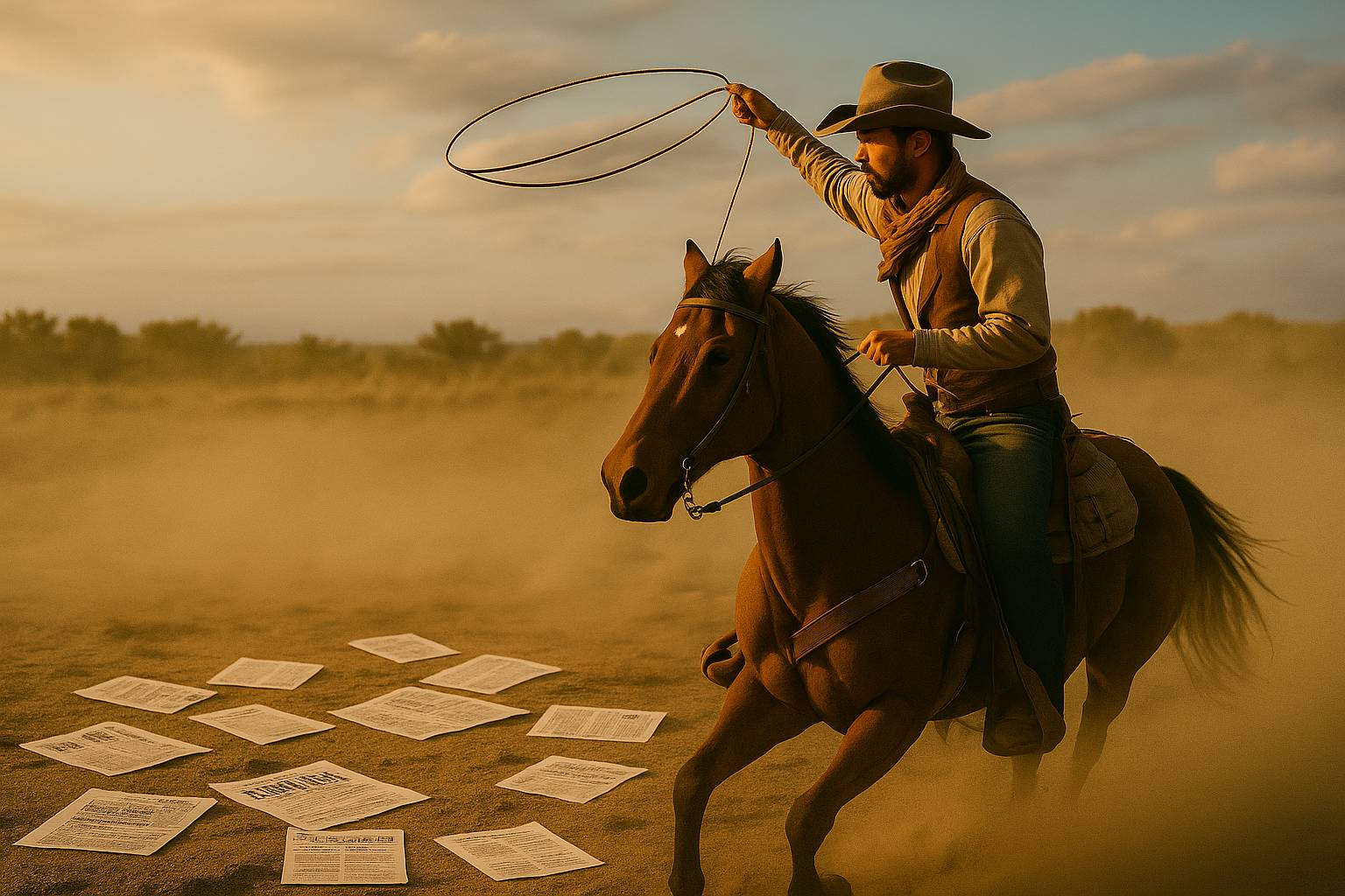 AI-generated painting of a cowboy on horseback swinging a lasso overhead. On the ground are a number of loose papers.